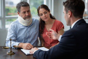 an injured man talking to a personal injury lawyer about personal injury settlement