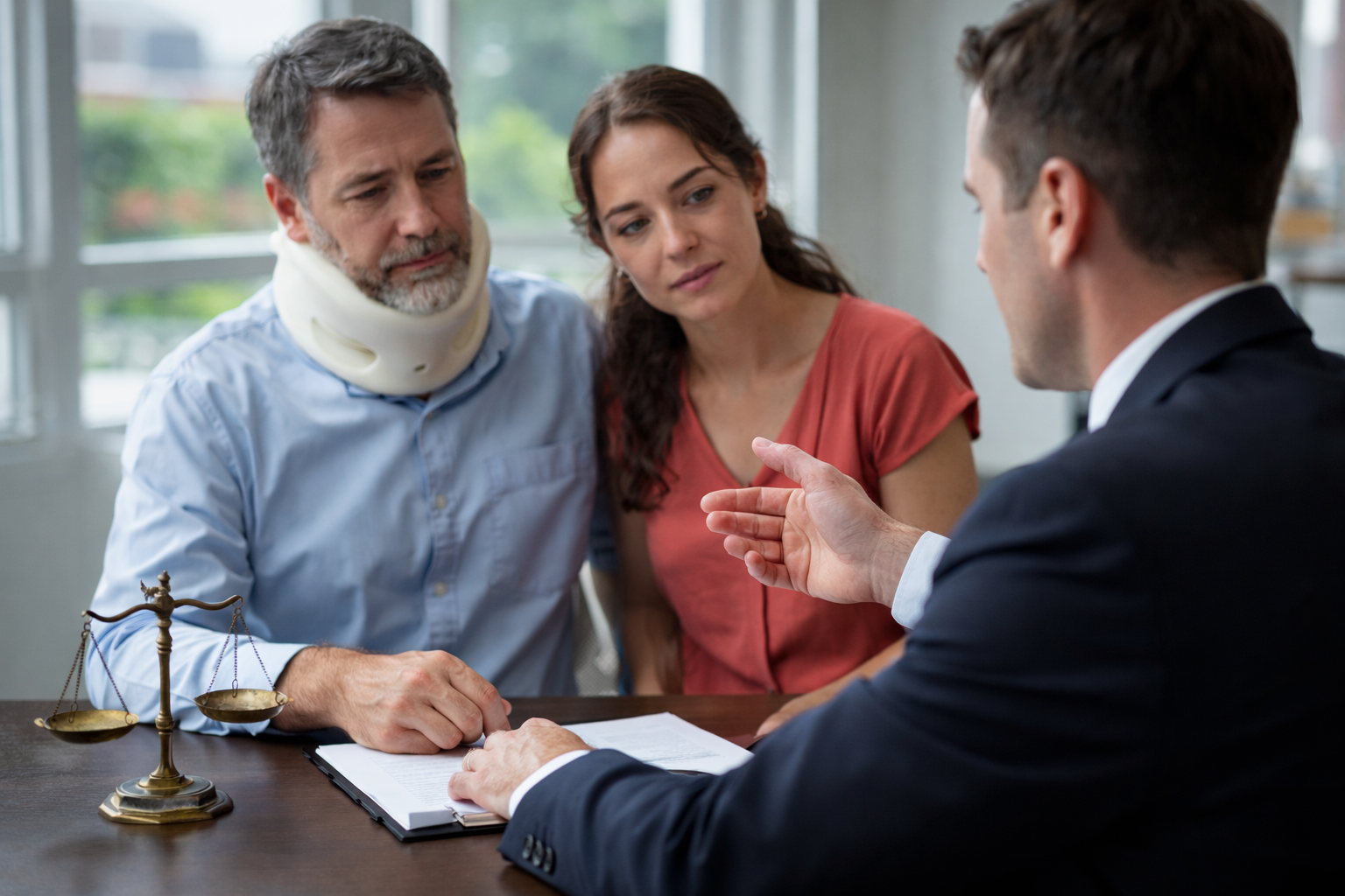 an injured man talking to a personal injury lawyer about personal injury settlement