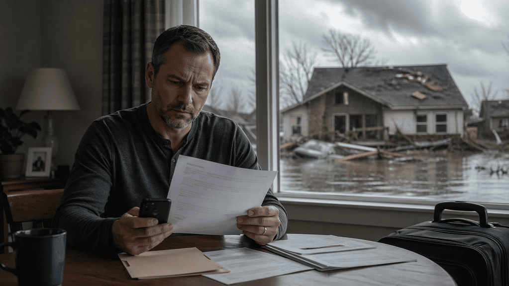 a man checking to see if his insurance covers tornado flooding